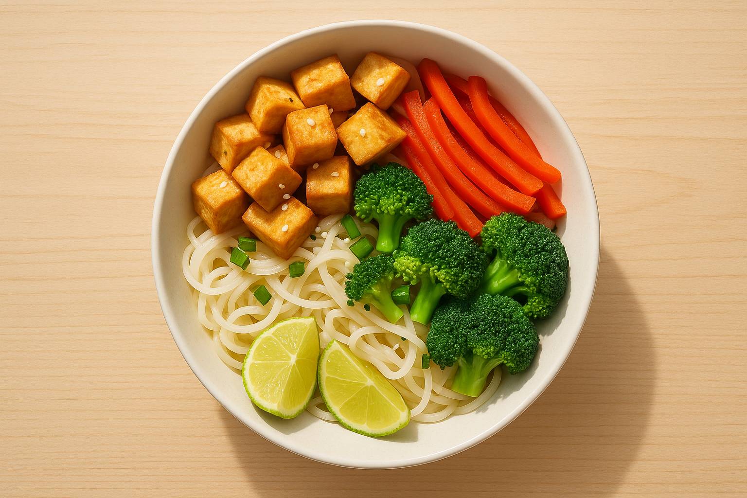 Tallarines de arroz con tofu para cenas ligeras y nutritivas